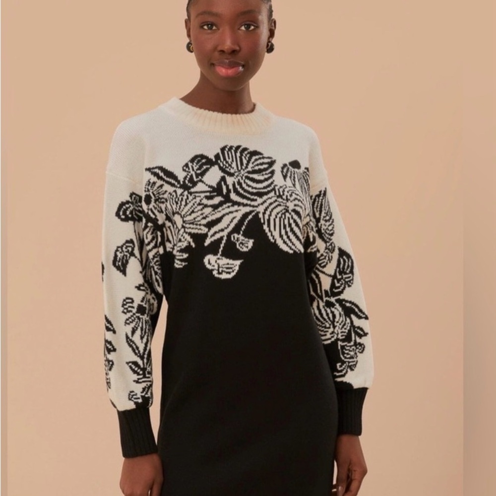 NWT Farm Rio Wool Blend Sweaterdress Black and White Floral Sweater Dress M - Picture 3 of 14